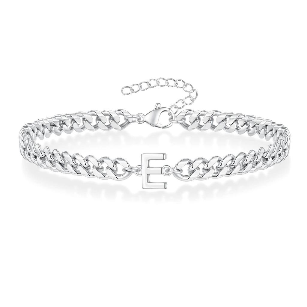Vnox A-Z Iniziale Braccialetti a Catena Cubana per Uomo Donna, Acciaio Inossidabile Colore Argento Maglie Ovali, Braccialetto con Ciondolo Lettera Nome Regalo