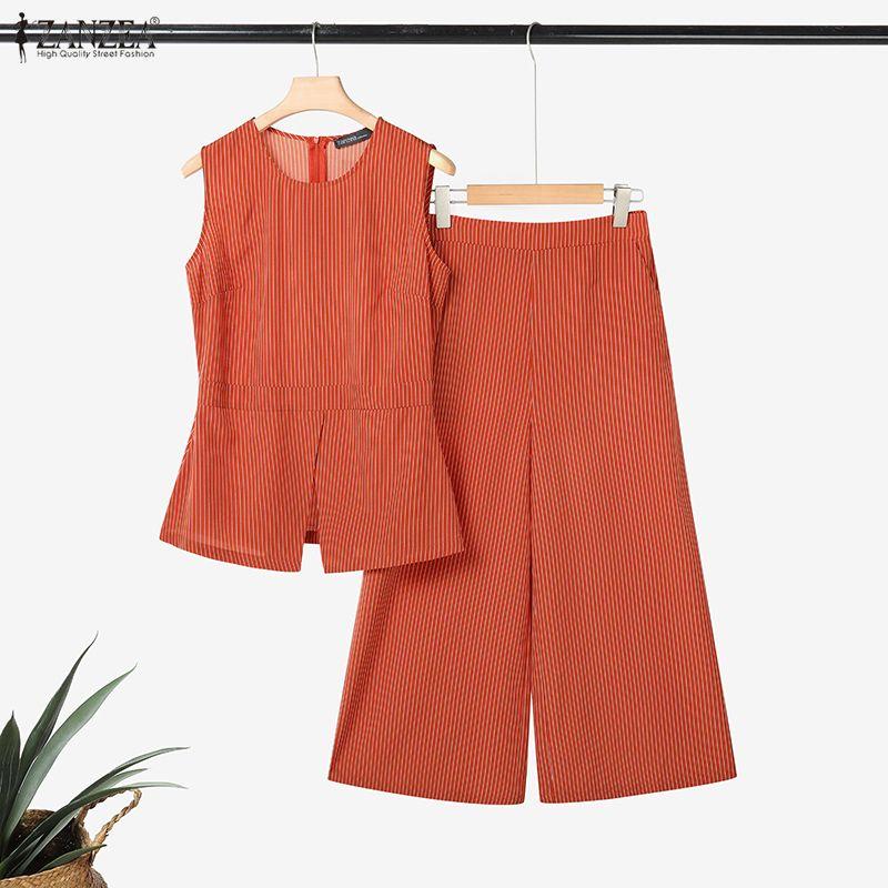 ZANZEA Women Sleeveless Vest Tops and Capris Pants Stripe Print Tow Piece Sets