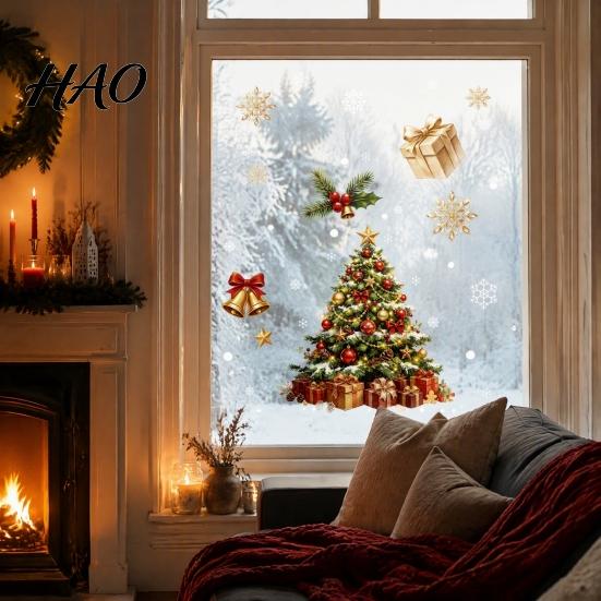 Christmas Party Supplies Window Cling, Santa/Snowman/House/ Tree Patterns Print, Waterproof Glass Clings PVC Decorative Static Sticker for Doors