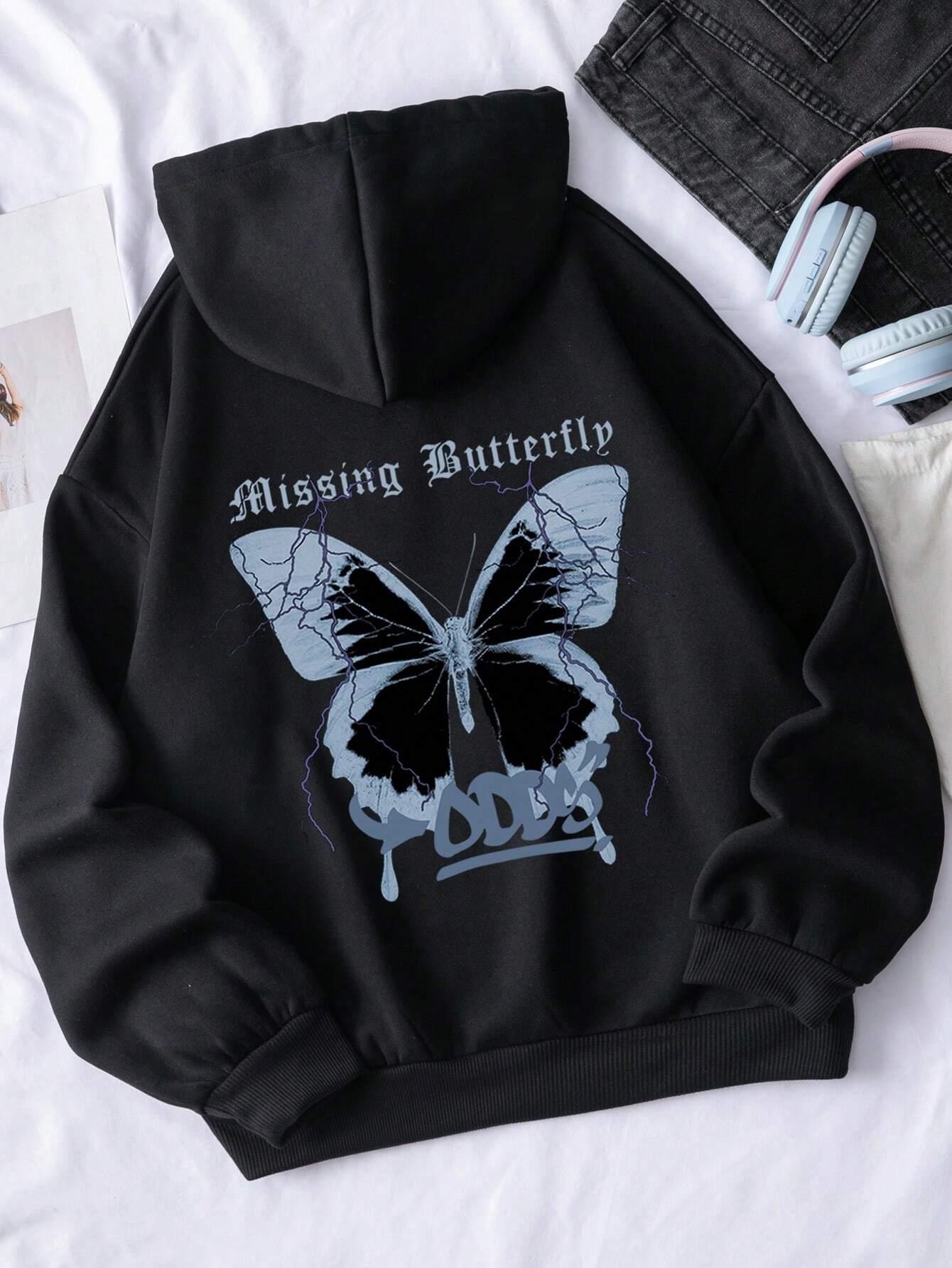 

Missing Butterflp Hoodie Woman Blue Butterfly Hoodies Warm Fleece Women Hoody Spring Autumn Fur-liner Casual Clothing 3XL