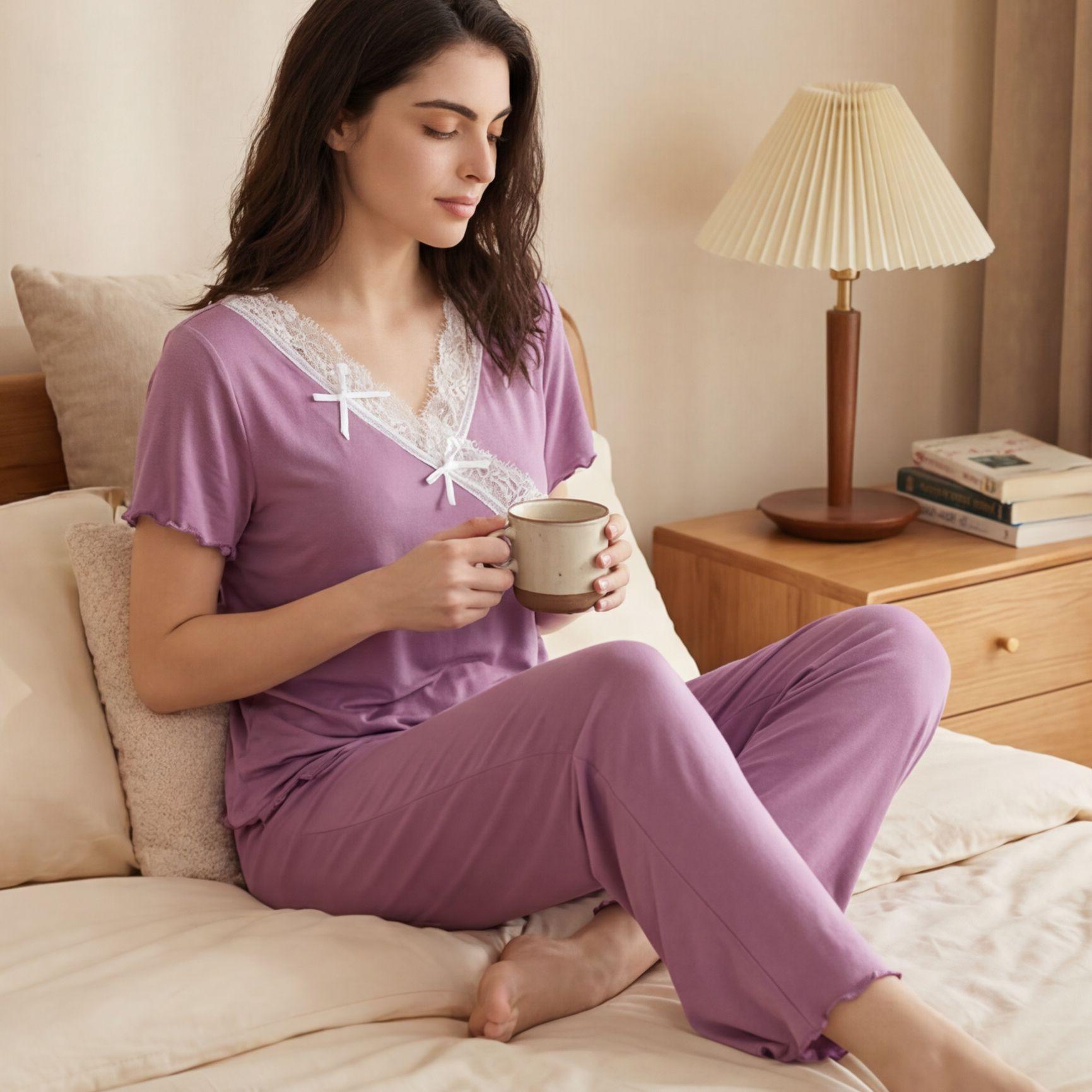 Ladies Breathable Milk Silk Nightwear Lace Patchwork S