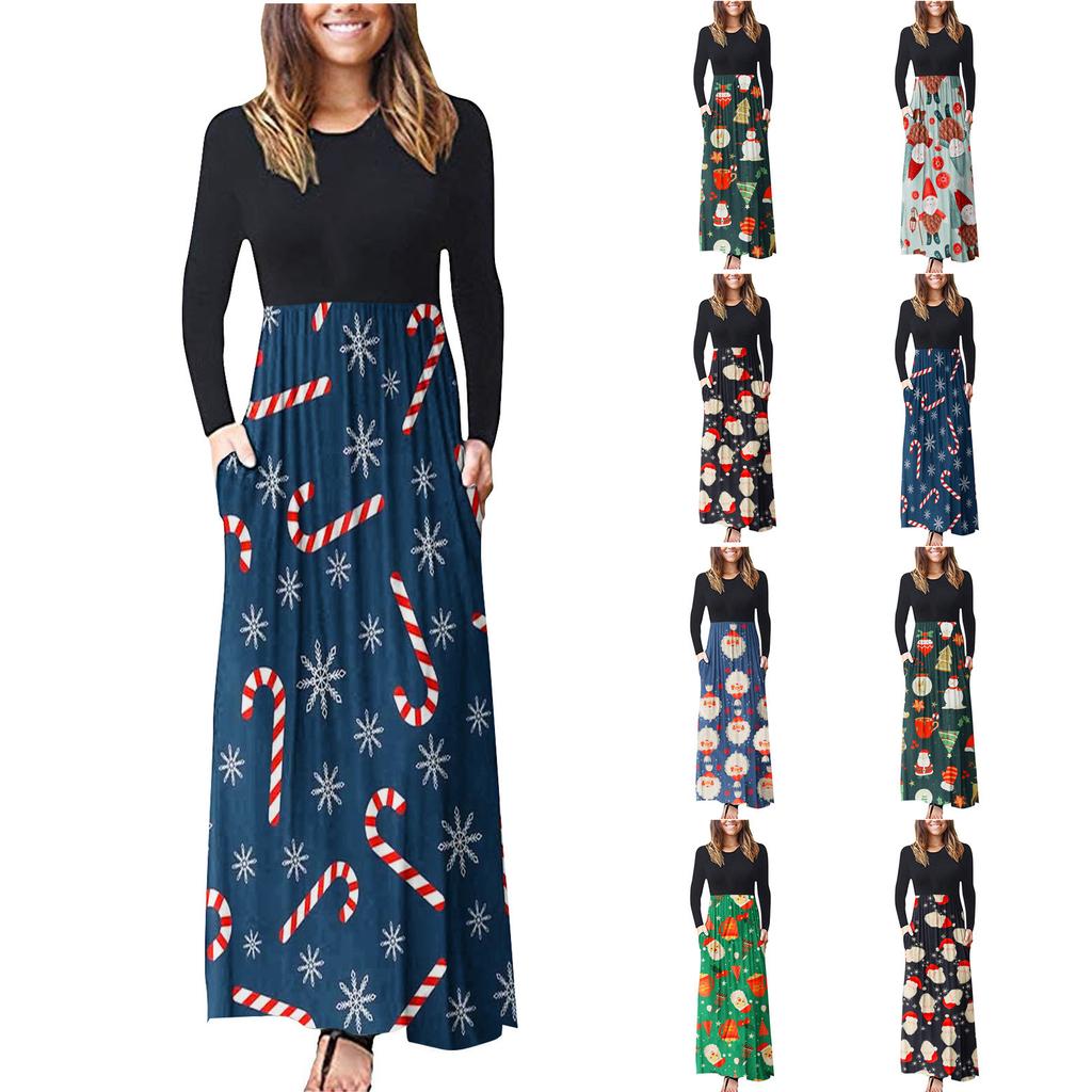 Women's Casual Long Sleeve Round Neck Christmas Print Dress