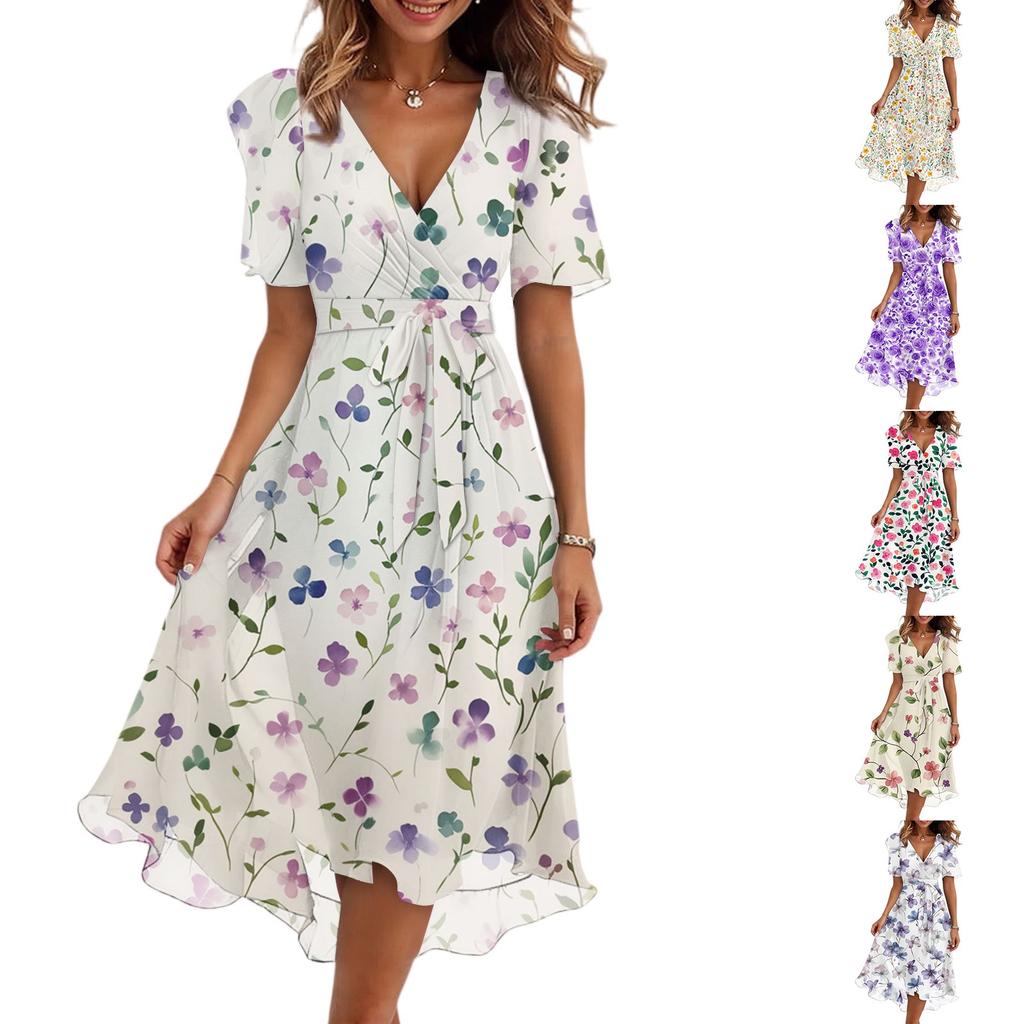 Damen Sommer Blumenmuster Lässig Wickel V-Ausschnitt Rüschen Kapuze Kurze Ärmel Gürtel A-Linie Rüschensaum Midi Sommerkleid