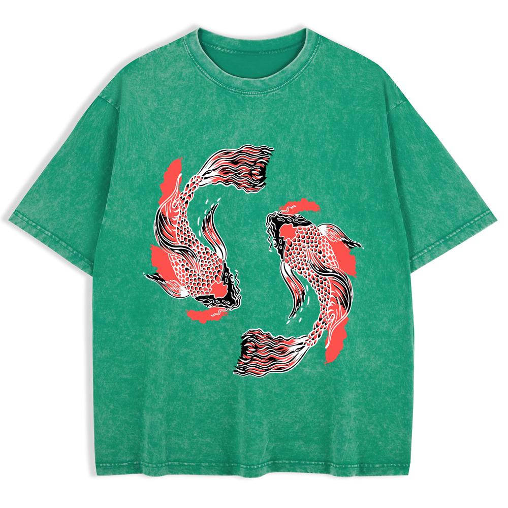 Japanese Koi Harajuku Prints Washed T-Shirts Mens Cotton Short Sleeve Tops Summer Oversize T Shirt Basic Male Clothes