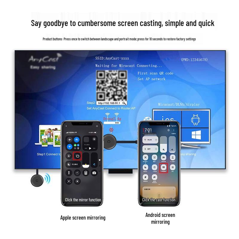 Wireless HDMI Mirroring Device for TV and Mobile - HD Projection, Vertical & Horizontal Screen, Upgraded Version, No Screen Cutting