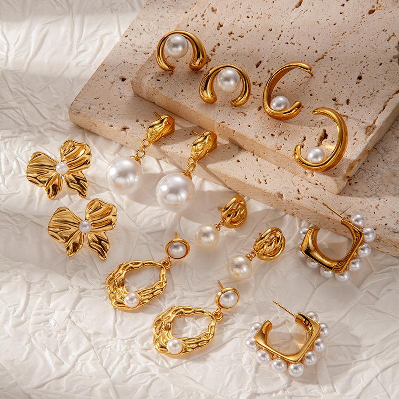CARLIDANA French Design Stainless Steel Gold Plated U Pearl Bow Flower Earrings for Women's Fashion High Quality Luxury Jewelry