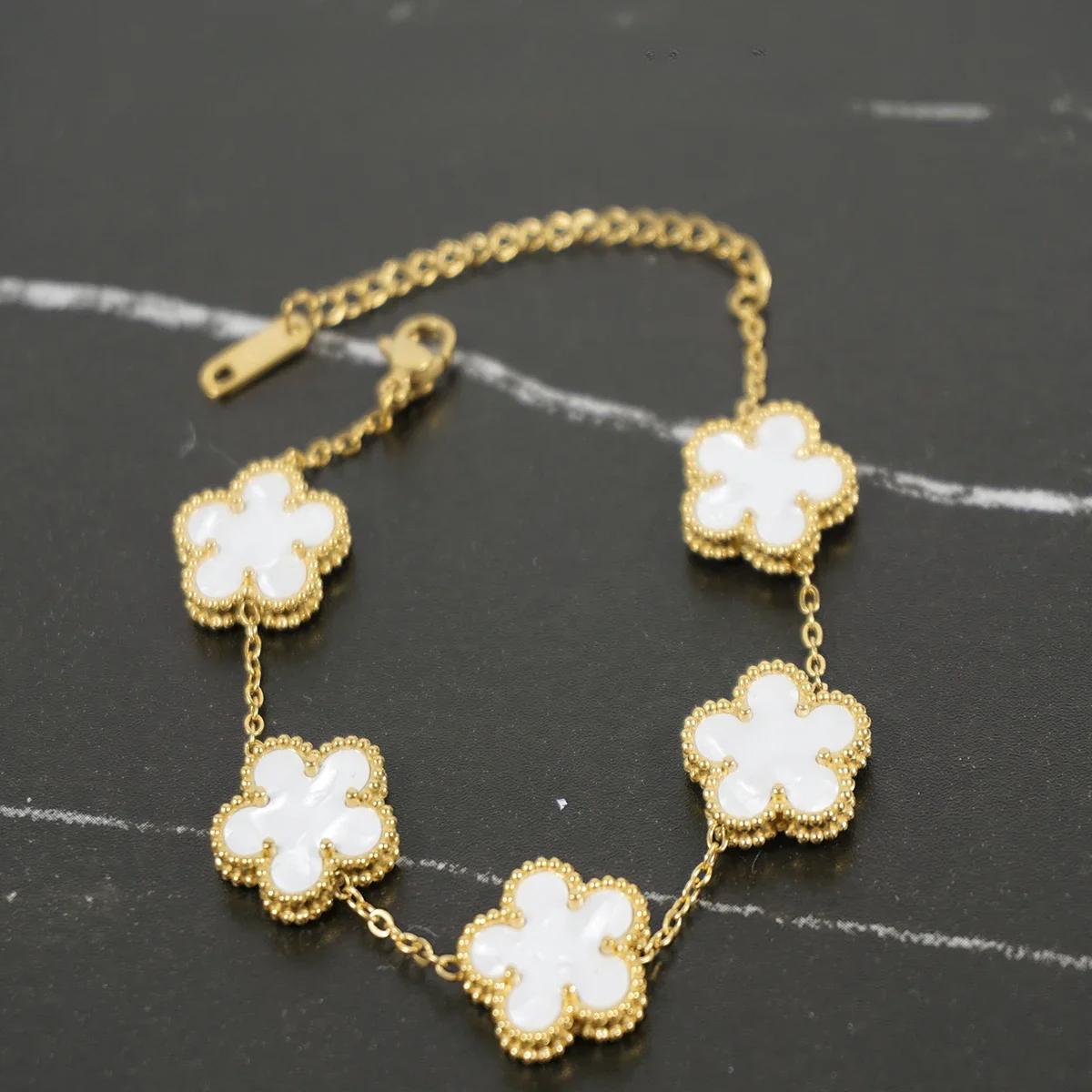 

Регулируемый браслет из нержавеющей стали с ботаническим цветком с пятью лепестками, роскошный подарок, женский клевер