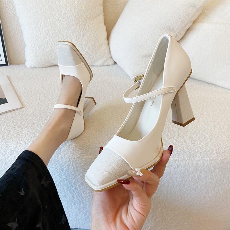 Fashion Women's Fashion Thick Heel Shoes Spring New Square Head Shallow Mouth Splicing A Word with Anti-slip Wear-resistant High Heels