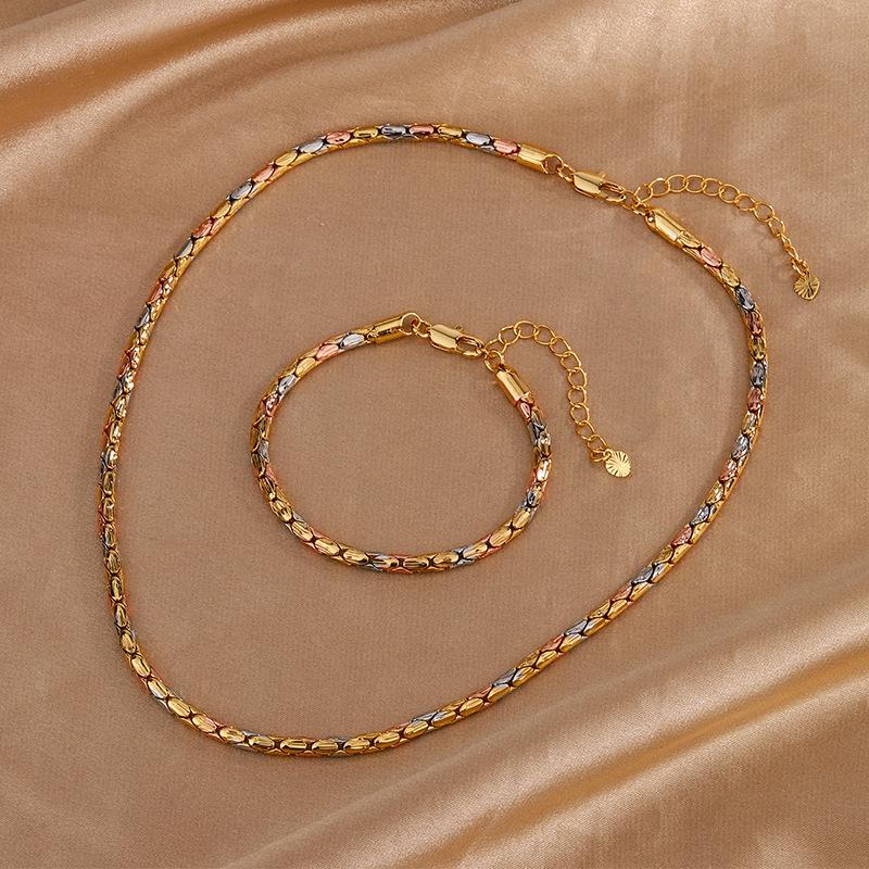Jewelry Copper Gold Plated Retro Temperament Niche Design Necklace Electroplated Color Gold Cuban Chain Set Female