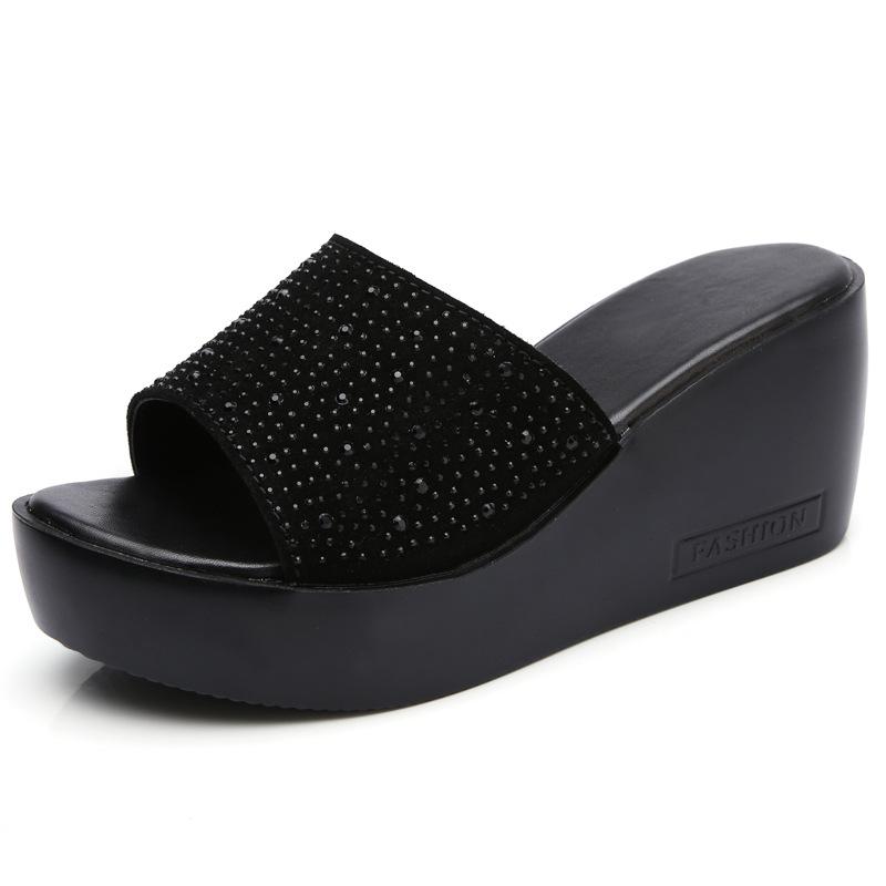 European Station Suede Sandals Women's Flower Rhinestone Leg Sandals Open-toed Thick-soled Wedge Heel Slippers