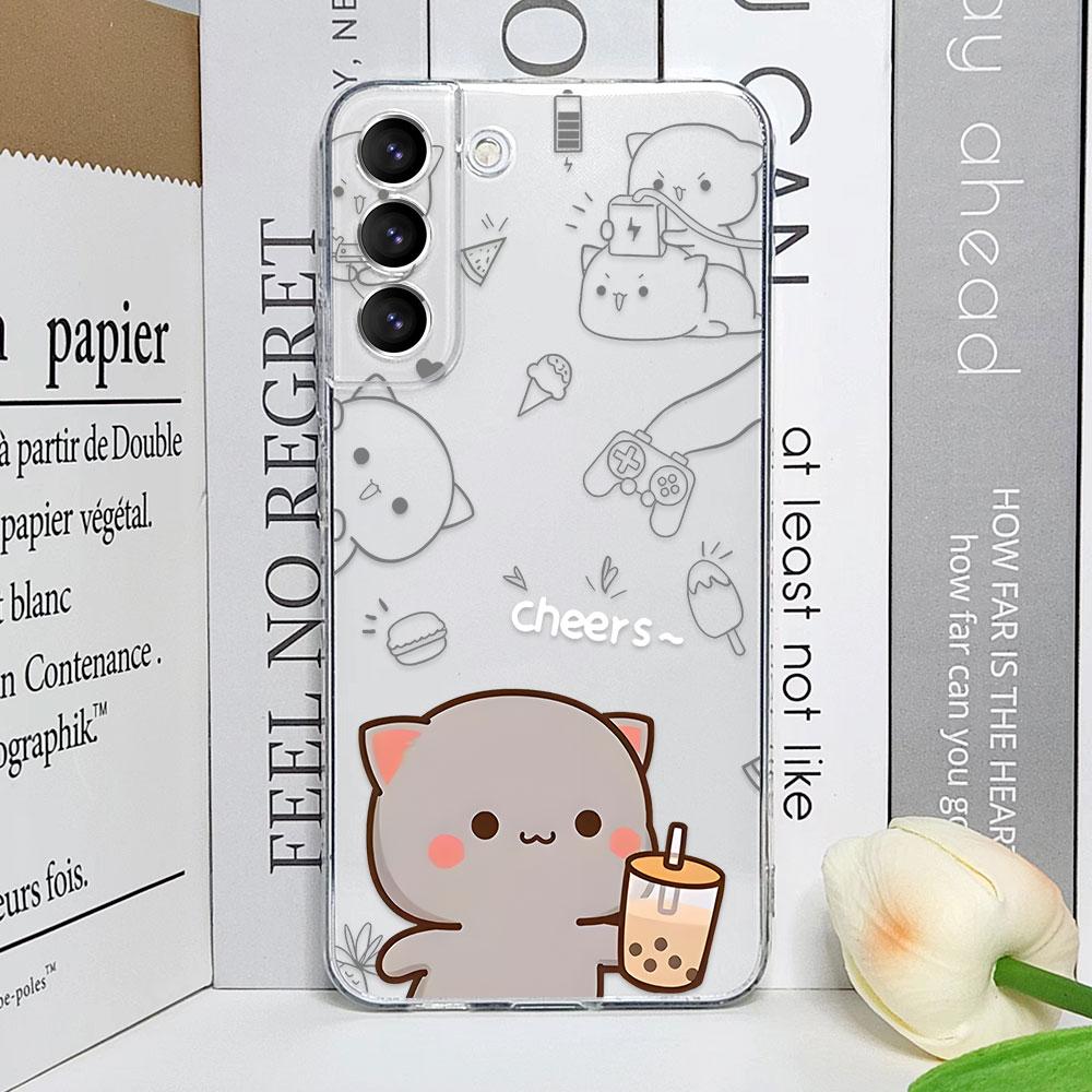 Cute Cartoon Cat Couple Phone Case for Samsung Galaxy S23 FE S22 Plus S21 S24 S25 Ultra Transparent Soft Cover Lover Pairs Funda