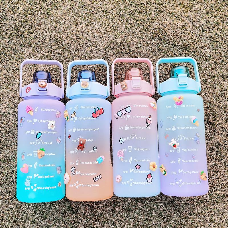 2000ml Portable Gradient Frosted Sports Water Bottle with Bouncing Straw
