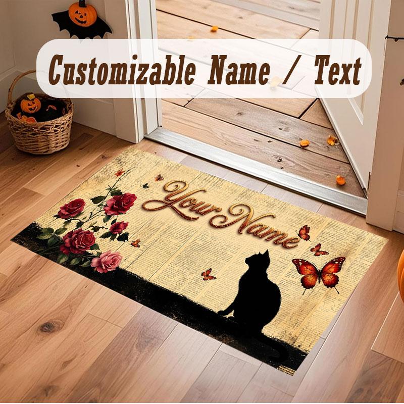 Cat Theme Crystal Velvet Floor Rug Personalized Custom Name Text Warm Carpet Home Decoration