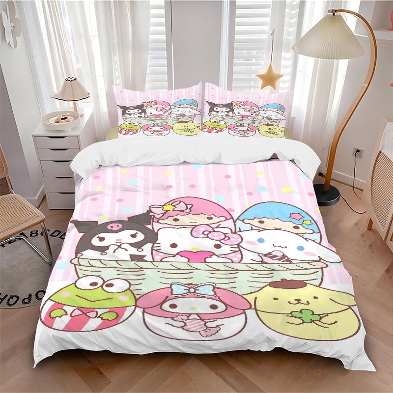 3pcs Dart Sanrio Character Design Print Bedding Set (1 Cover + 2 Pillowcases, Without Inserts), Soft and Comfortable W024