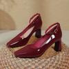 Red One-word Buckle High Heels Thick Heel Sexy New Black Temperament Shoes Square Head High Heel Single Shoes