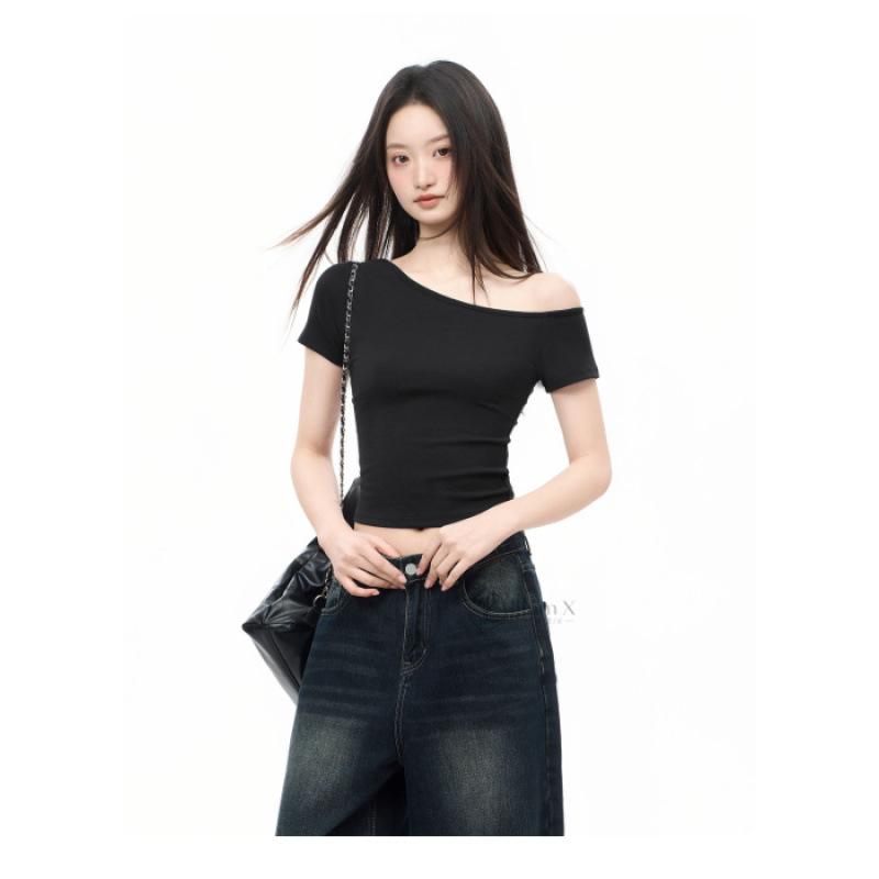 New slanted shoulder off-shoulder Spice Girl slim-fitting sexy short top