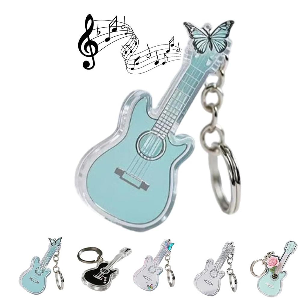 Beautiful Guitar Keychain Charm, Acrylic Guitar - Shaped Keychain, 2D Cute Rose Guitar Key Chain, Ideal For Music Lovers.