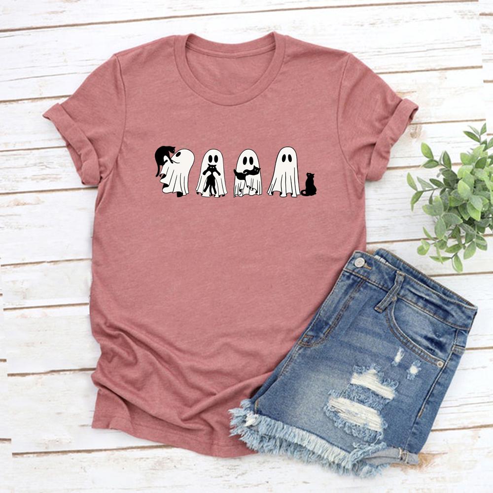 Halloween Black Cat and Ghost Tshirt Halloween Ghost Tshirt Spooky Season Cat Tee Cute Women Graphic T Shirts Halloween Gift