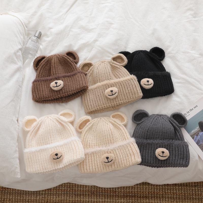 Thick knitted handcrafted bear wool Moao children's cute warm casual and face showing small pullover hat  cold hat for autumn and winter
