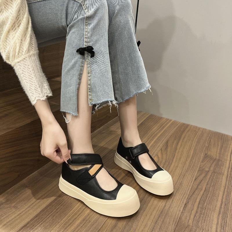 Cowhide Mary Jane women's shoes spring and summer new Velcro platform single shoes retro college style