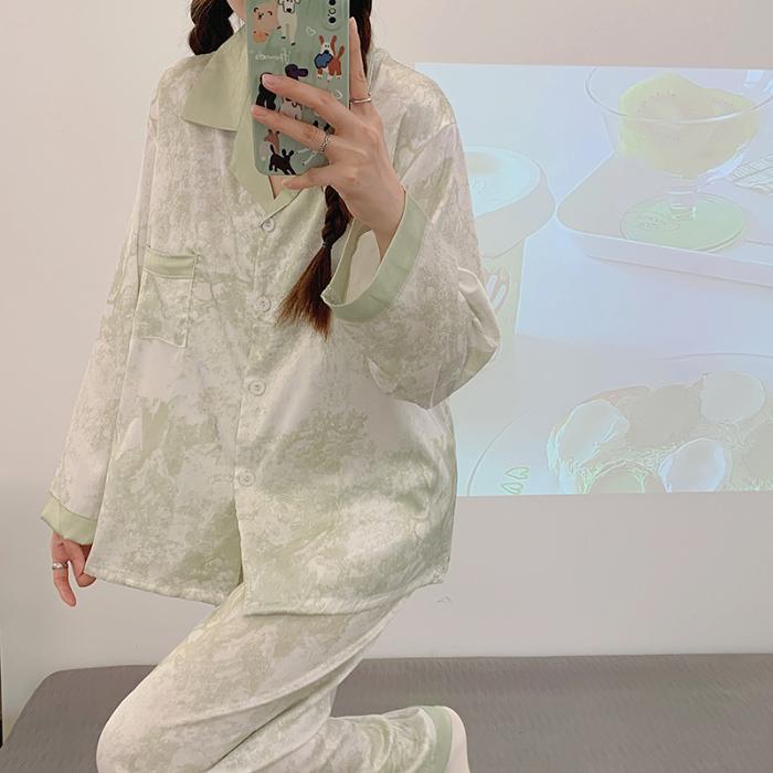 2 Pieces Pajamas for Women Autumn Spring Women's Pajamas Set Elegant Ptinting Flower Home Wear Soft Sleepwear