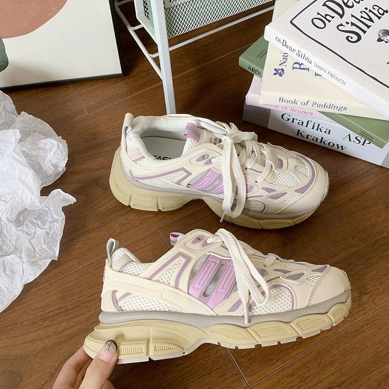 Dad Shoes Women's Hong Kong Style Retro Niche Platform Sports Shoes 2025 Autumn Versatile Mesh Casual Lace-up White Shoes