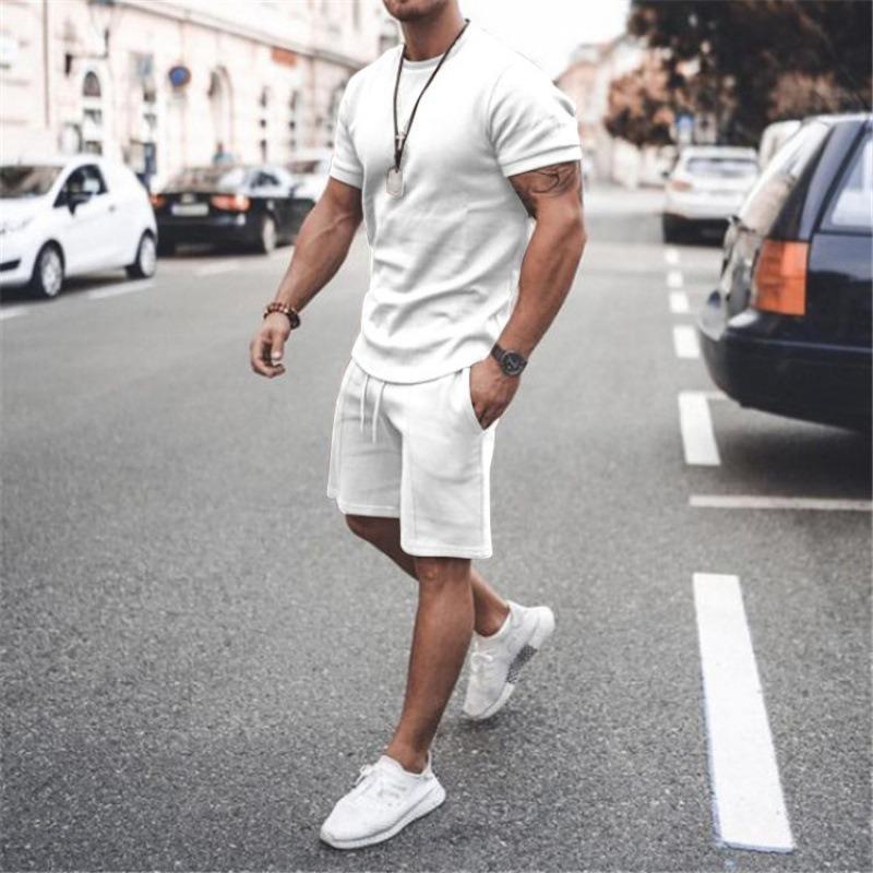 New Men's Casual Sports Suit Solid Colour Fitness Running Short-sleeved T-shirt Men's Two-piece Set