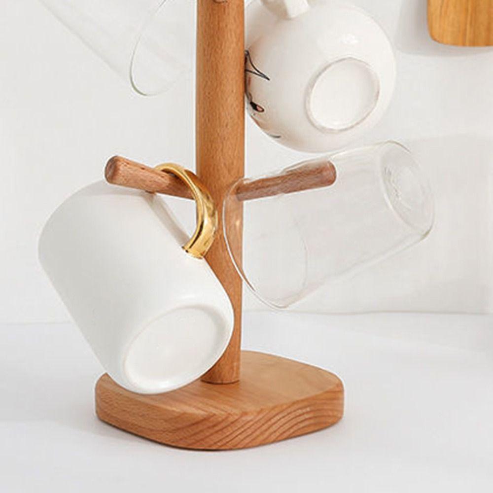 Wooden Mug Hanging Display Rack 6 Hooks Tea Cups Drainer Tabletop Drinkware Shelf  Home Decor