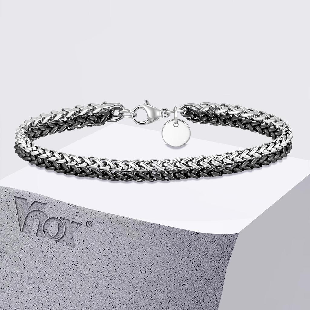 Vnox Zweilagige Armbänder für Herren, Zweifarbig Schwarz und Silberfarbene Edelstahl-Fuchsschwanz-Kettenarmband, Trendiges Schmuckgeschenk