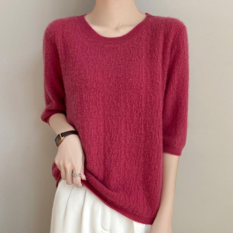 Women's Round Neck Knitwear Spring New Hollow Five-minute Sleeve Loose Pullover Bottoming Shirt Tops