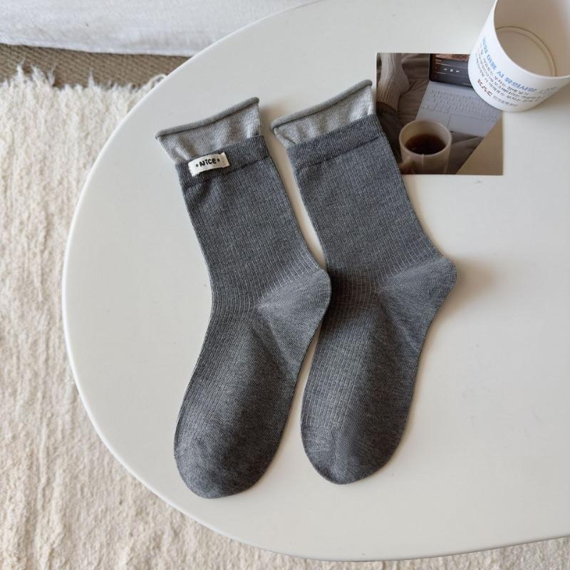 Women's Autumn New Variety of Color Contrast Crimped Fabric Label Boneless Drum Pile Cotton Socks