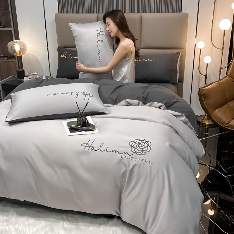 Nordic Style Pure Cotton Washed Cotton Washed Silk Four-piece Set Solid Color Embroidered Bed Sheet Quilt Cover Three-piece Set Dormitory Bed Sheet
