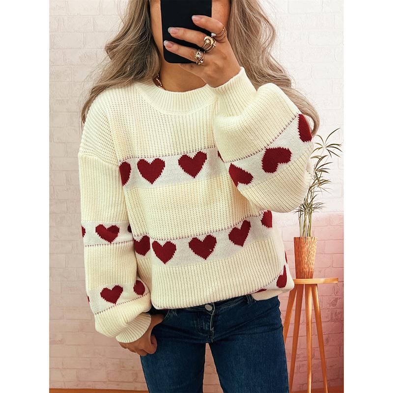 Heart Print Sweater Women Fashion Simple Winter Pullover Jumper High Elastic Knitted Fall Female Basic Tops Casual Blouse S