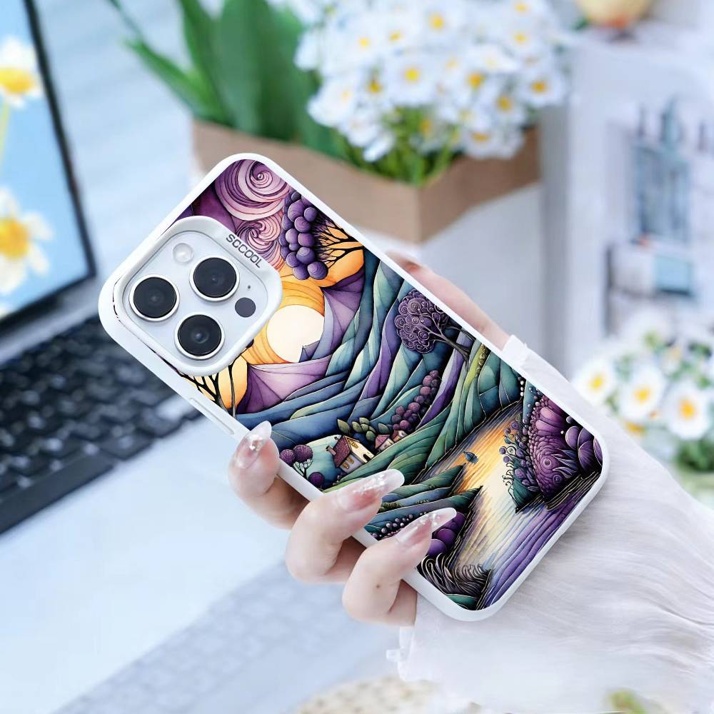 Whimsical Landscape Starry Night Phone Case For iPhone17, 16,15,14,13,12 Pro Max Black Candy Matte Shockproof Cover