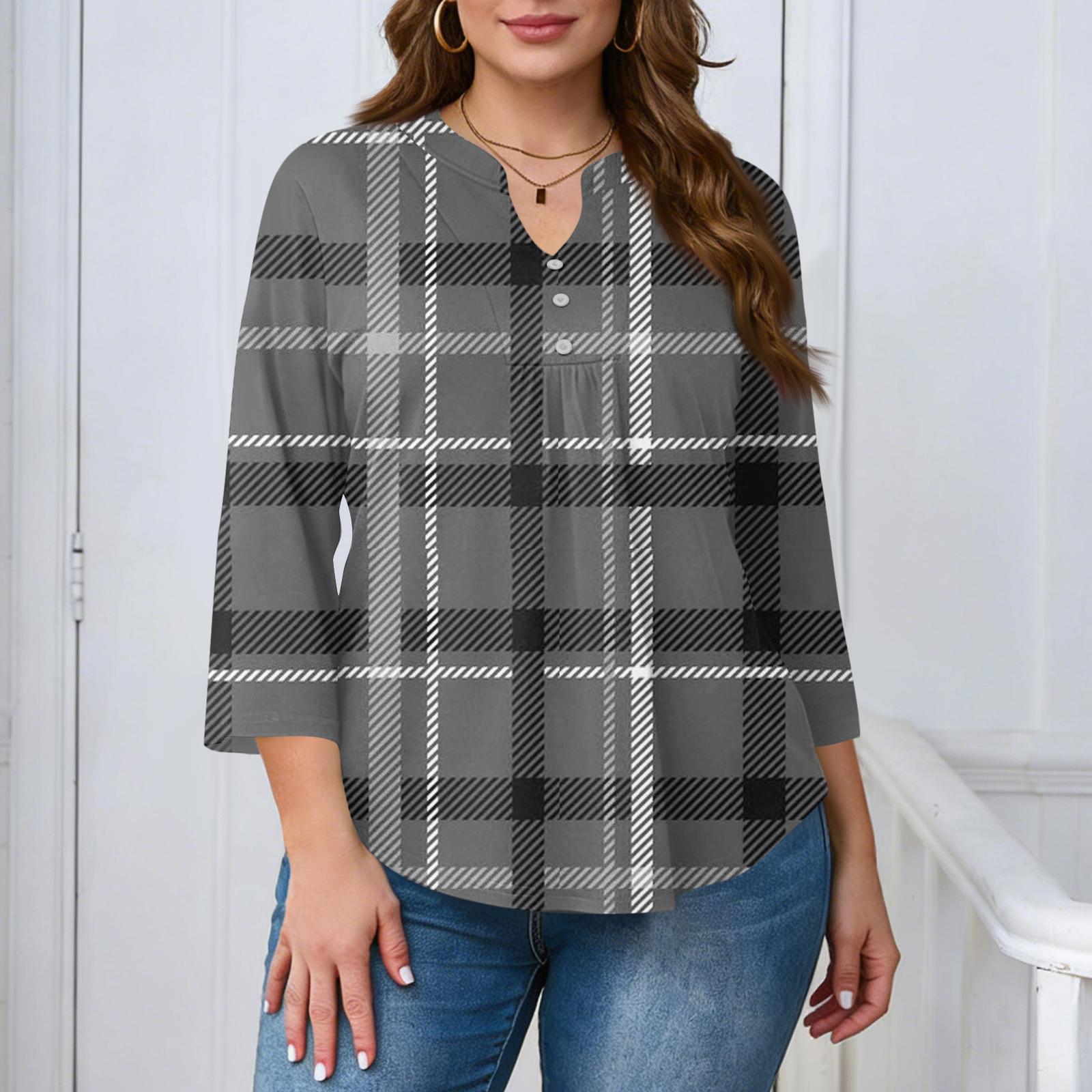 

Women’s Plaid Print 3/4 Sleeve Blouse with V Neck Button Loose Fit Casual Tunic Top for Daily Wear XXXL