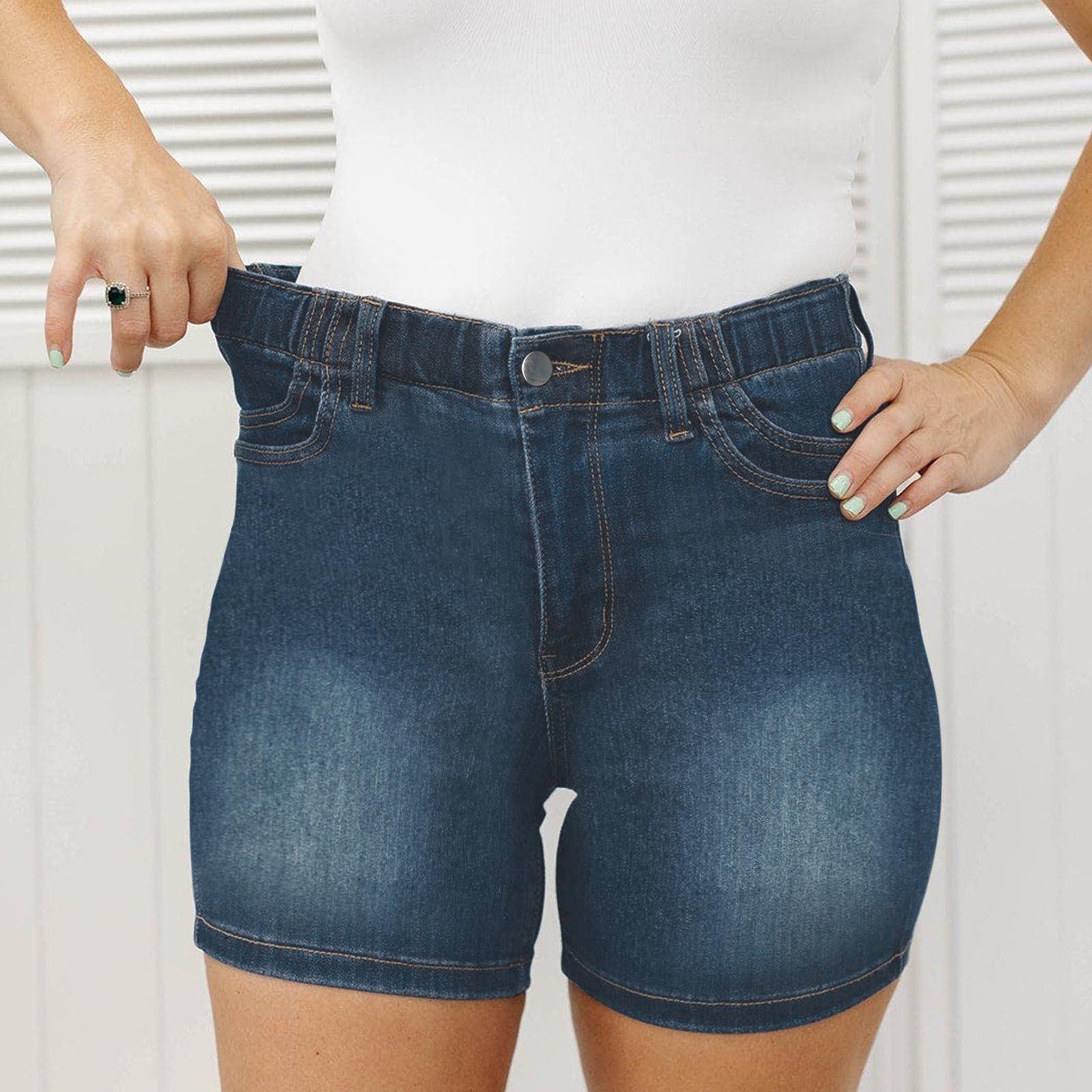 

Шорты средней длины с высокой талией и эластичной резинкой на талии - повседневные джинсовые шорты с высокой талией, эластичные джинсовые шорты с очаровательными двойными карманами XL