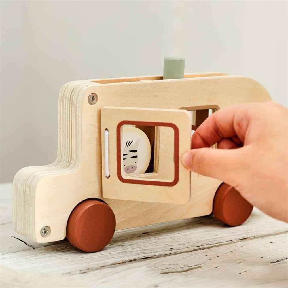 Wooden Material Hand-pushed Car Cylinder Blocks Wooden Cartoon Animal Bus  Early Learning