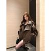 Cool Wind Brown Lapel Leather Coat Women's Autumn Black Motorcycle Clothing Elegant Loose Jacket Cardigan Top
