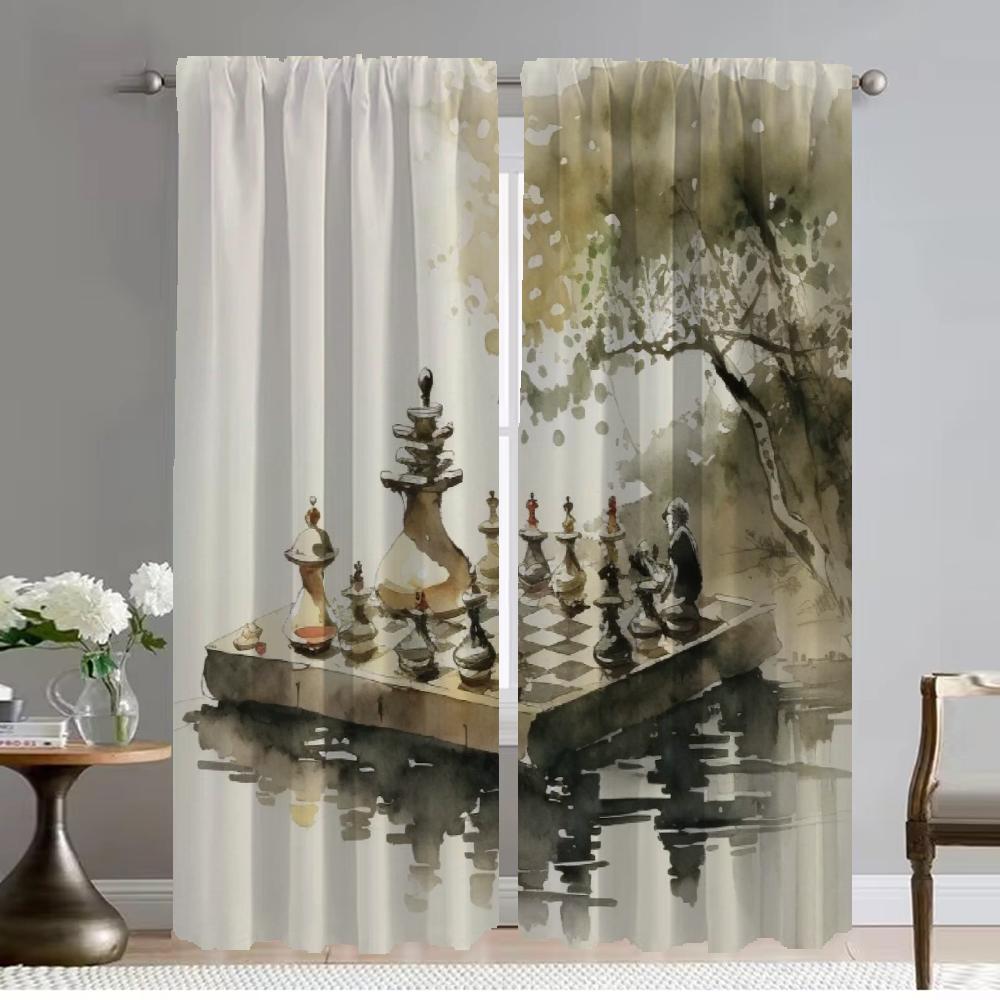 

Set Of 2 Modern Chess Living Room Curtains Curtain Home Interior Camera Partition Halloween Decoration Blackout Polyester Ideal For Great W100*H130(CM)-Hooks&2PCS