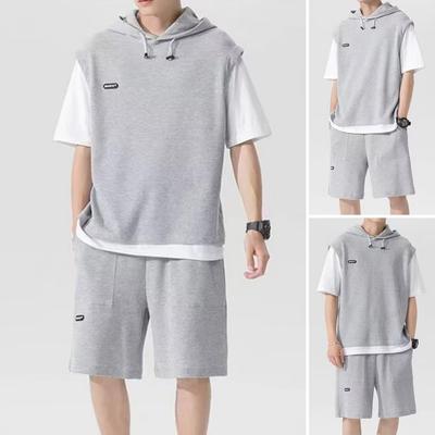 Ensemble deux pièces pour homme, tenue de sport décontractée, ensemble avec haut à capuche et cordon de serrage, short à taille élastique, texture gaufrée pour l'activité