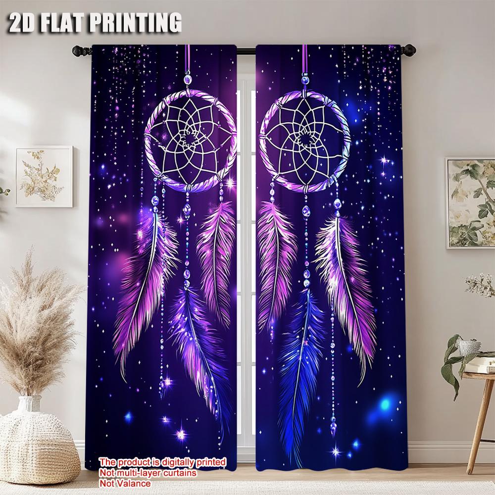 Set Of 2 Purple Dreamcatcher Feather Digital Printed Window Curtain Suitable Living Room Bedroom Study Home Decoration Rod For Great Made Polyester