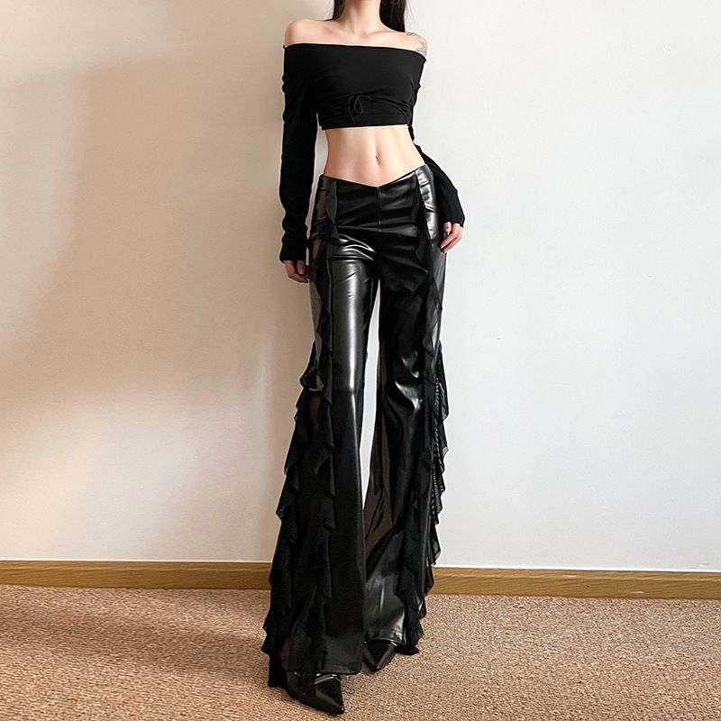 Leather Flared Pants High Waist Street Fashion Sexy Mesh Patchwork Design PU Leather Bootleg Pants