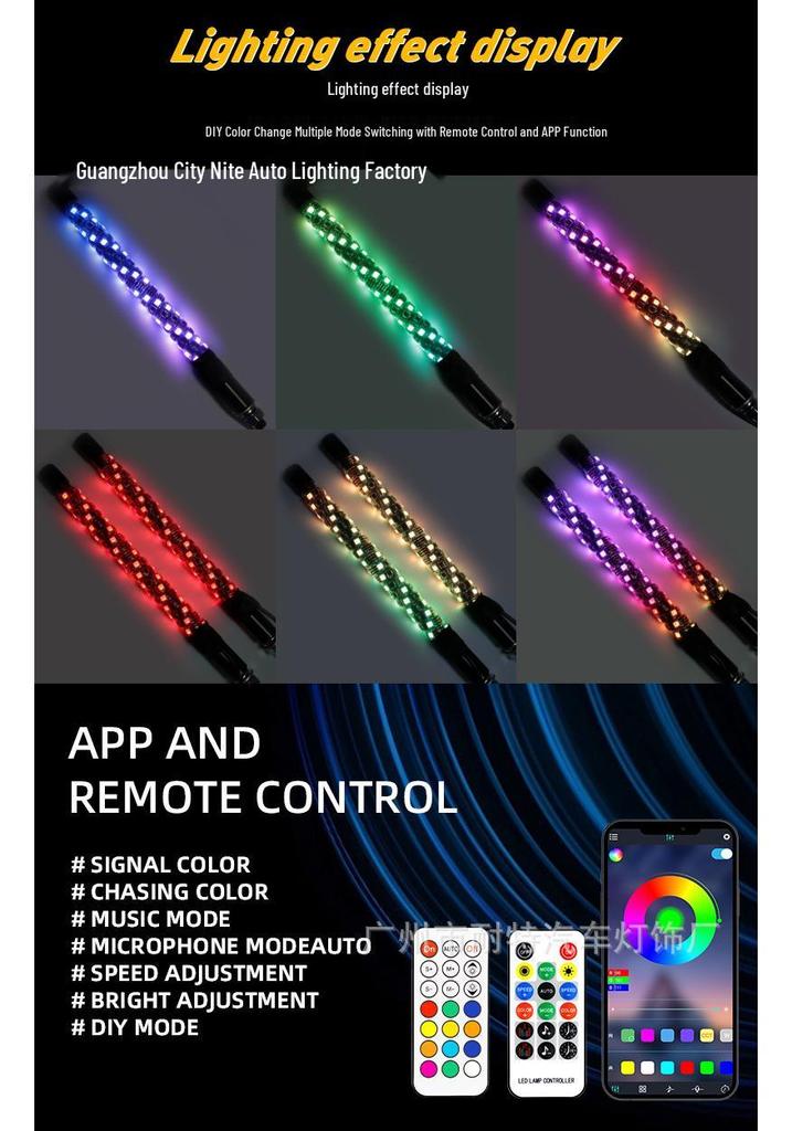 Mini Éclairage de Mât de Drapeau LED Iridescent avec Application & Télécommande pour Véhicules Tout-Terrain & Buggys de Plage