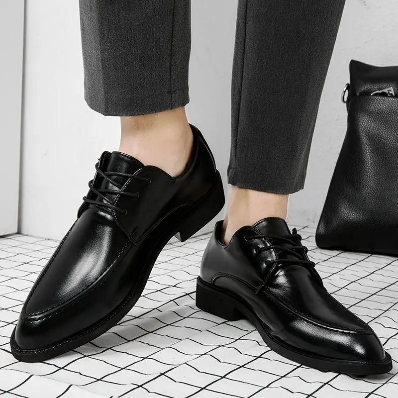 Leather Casual Dress Shoes Man Social Shoe for Men Pointed Toe Black Cheap Liquidation Clothing Low Price Clearance Footwear 39