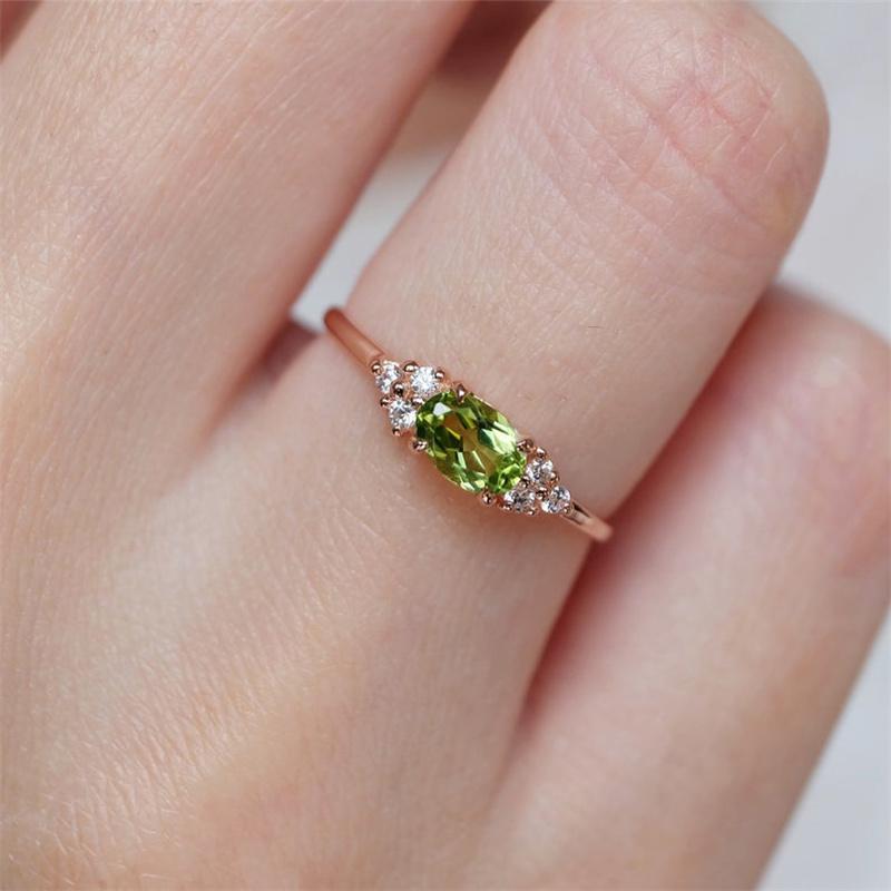 Small Olive Green Stone Ring Rose Gold Color Oval Zircon Minimalist Stacking Thin Rings For Women Party Wedding Bands Jewelry CZ