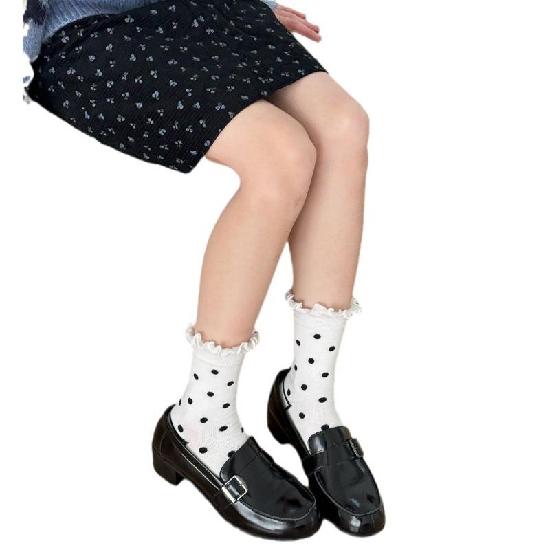 2 Pairs of Sweet Lace-trimmed Boneless Mid-calf Socks, Spring and Summer Polka Dot White Socks, Simple Women's Socks