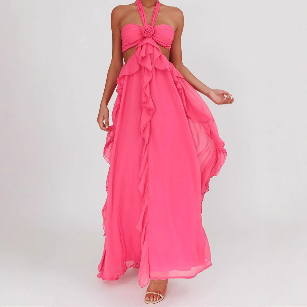 Europe, America spring and summer new sexy lace-up tube top backless lace-up ruffle edge long dress women's clothing