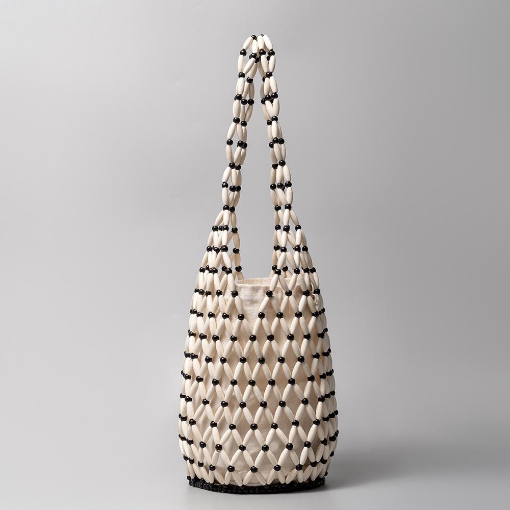Wooden Bead Woven Hand Bag for Women Hollow-out Tote Bag Bucket Shoulder Bag Handmade Shoulder Bag Casual Summer Beach Handbag