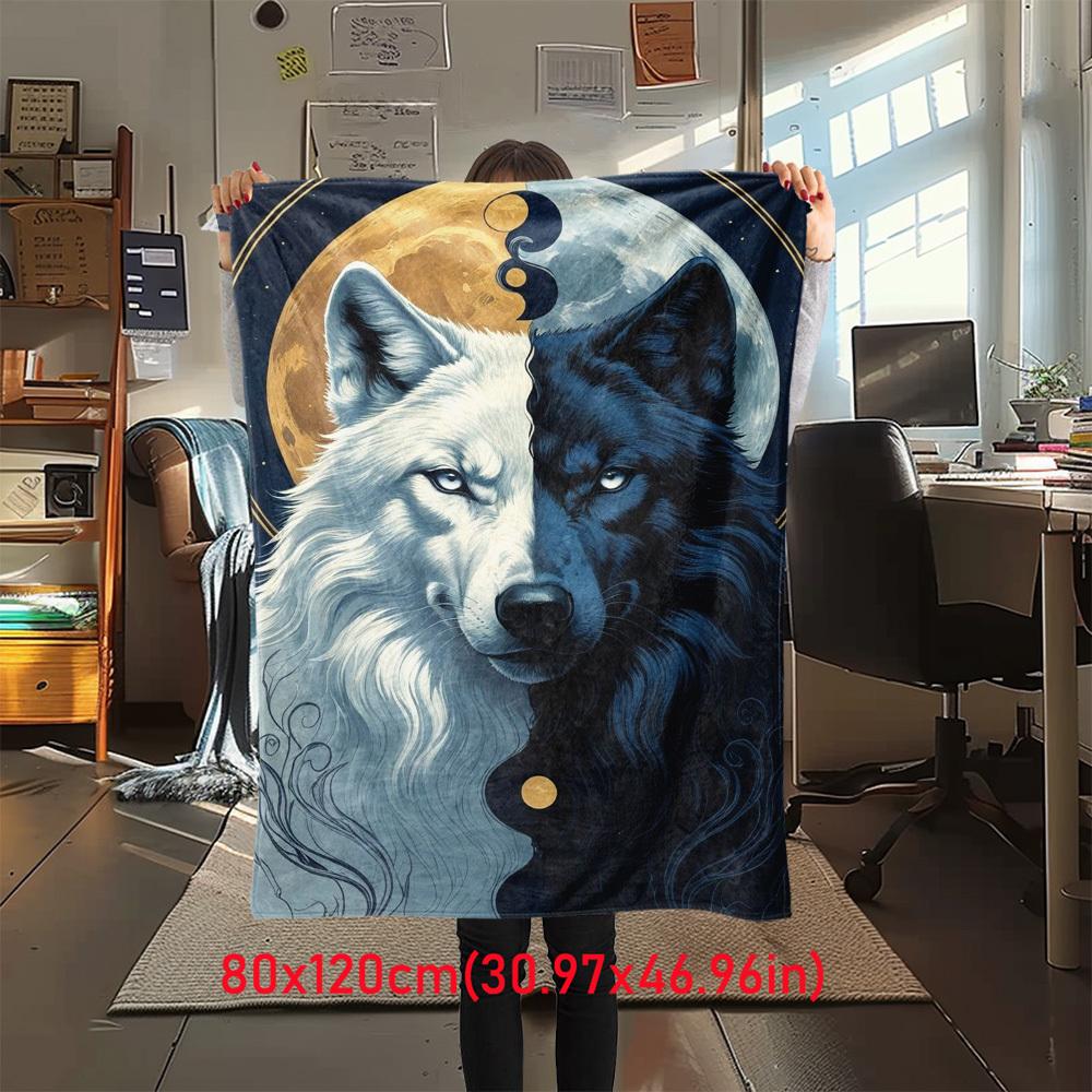 1Pc Wolf Moon Print Flannel Blanket, High quality Comfortable for All Seasons, Home Decor, Warmth and Comfort, Perfect for Christmas Gifts13