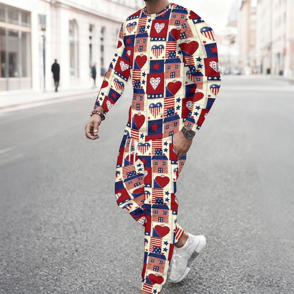 Men Vintage Star Stripe Print Long Sleeve Sweatshirt Drawstring Cuffed Jogger Pants Two Piece Streetwear Suit